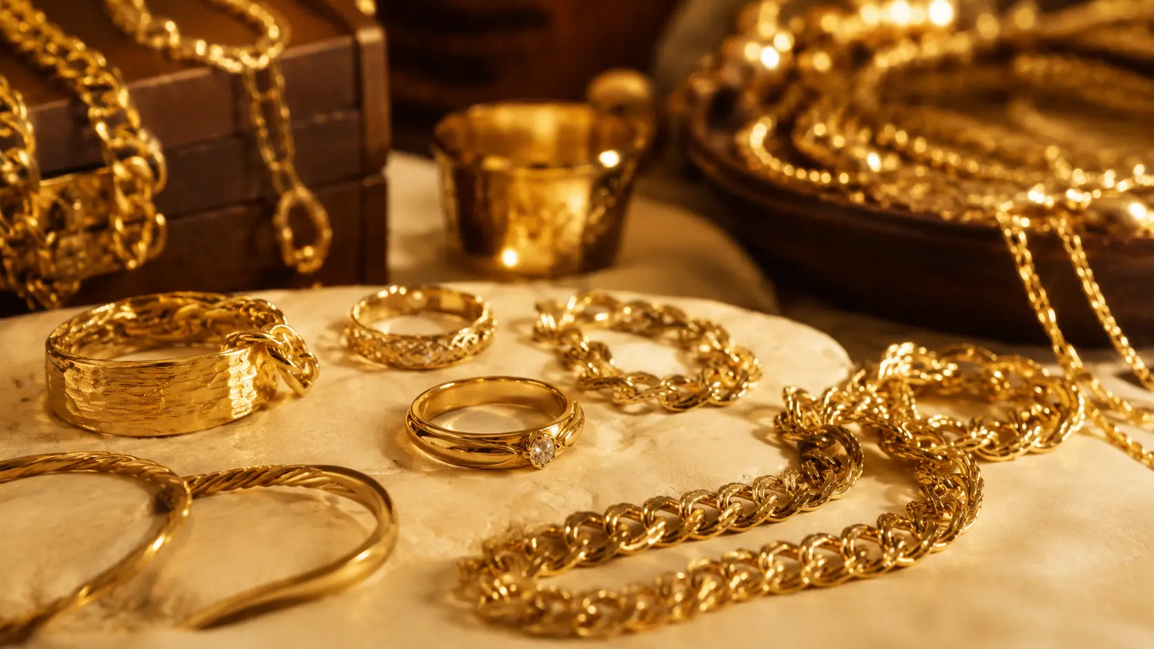 Gold chains, rings and bracelets at Aztec Gold